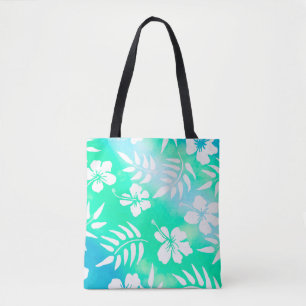 Hawaiian Style Hibiscus Green and Blue Floral Tote Bag