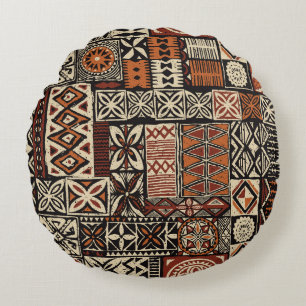 Hawaiian style tapa tribal fabric abstract patchwo round cushion