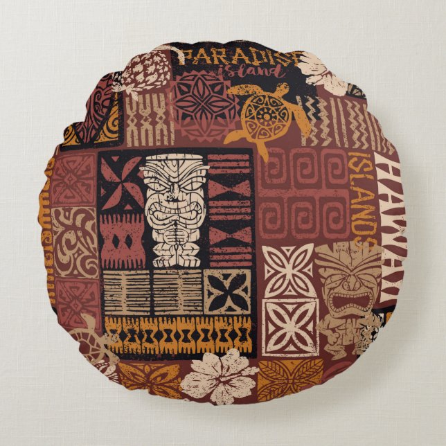 Hawaiian style tribal motif fabric patchwork abstr round cushion (Front)