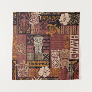 Hawaiian style tribal motif fabric patchwork abstr tapestry