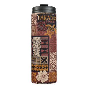 Hawaiian style tribal motif fabric patchwork abstr thermal tumbler