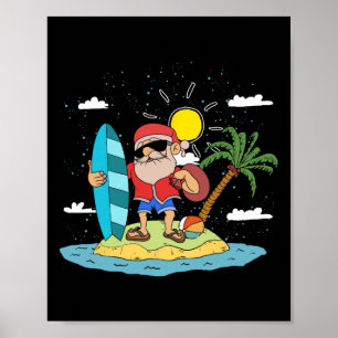Hawaiian Summer Cool Santa Claus Surfing Christmas Poster