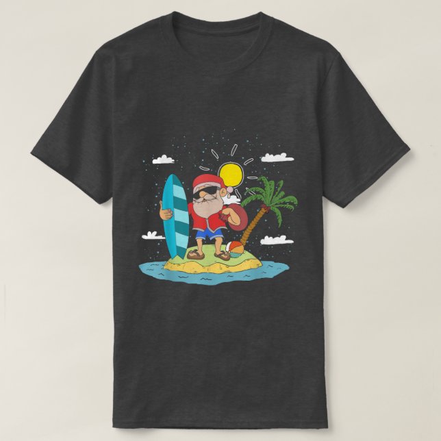Hawaiian Summer Cool Santa Claus Surfing Christmas T-Shirt (Design Front)