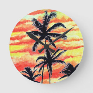 Hawaiian Sunset Coco Palms  Round Clock