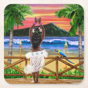 Hawaiian Sunset Hula Dancer Square Paper Coaster
