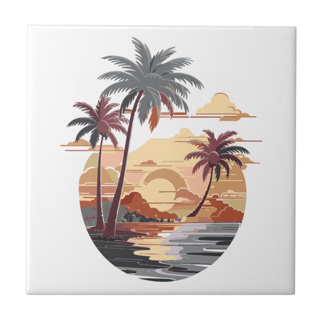 Hawaiian sunset with palm tree. ceramic tile (Front)