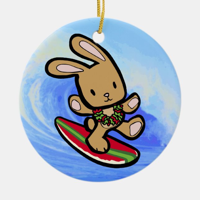 Hawaiian Surfing Bunny Holiday Cartoon Ceramic Ornament (Front)