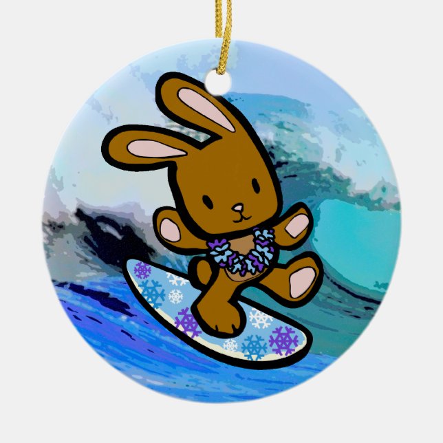 Hawaiian Surfing Bunny Holiday Cartoon Ceramic Ornament (Front)