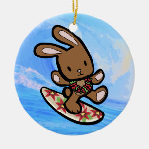 Hawaiian Surfing Bunny Holiday Cartoon Ceramic Tree Decoration