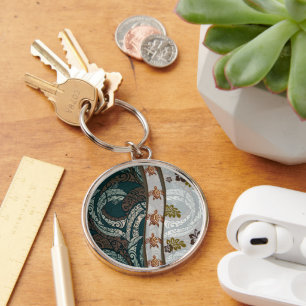 Hawaiian Tapa Fusion with Honu and Monstera Key Ring