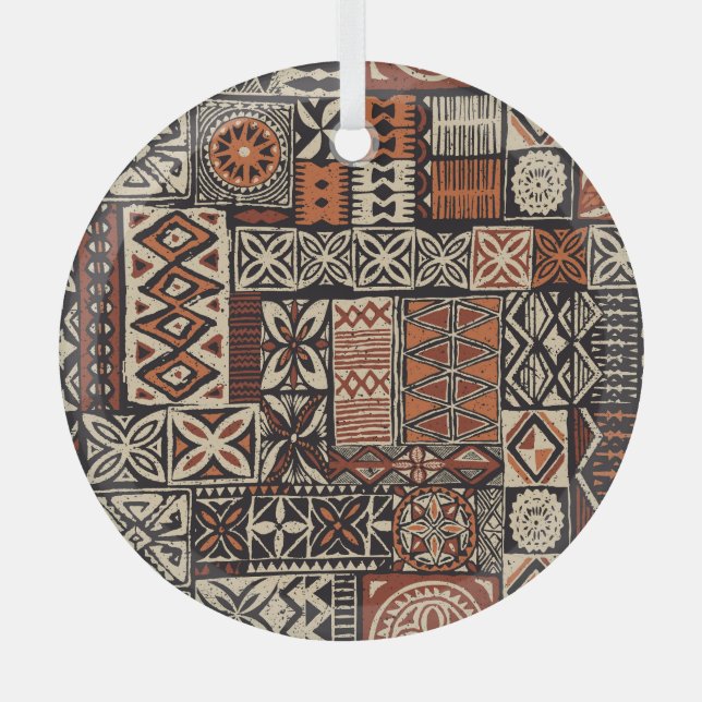 Hawaiian Tapa: Tribal Patchwork Glass Tree Decoration (Front)