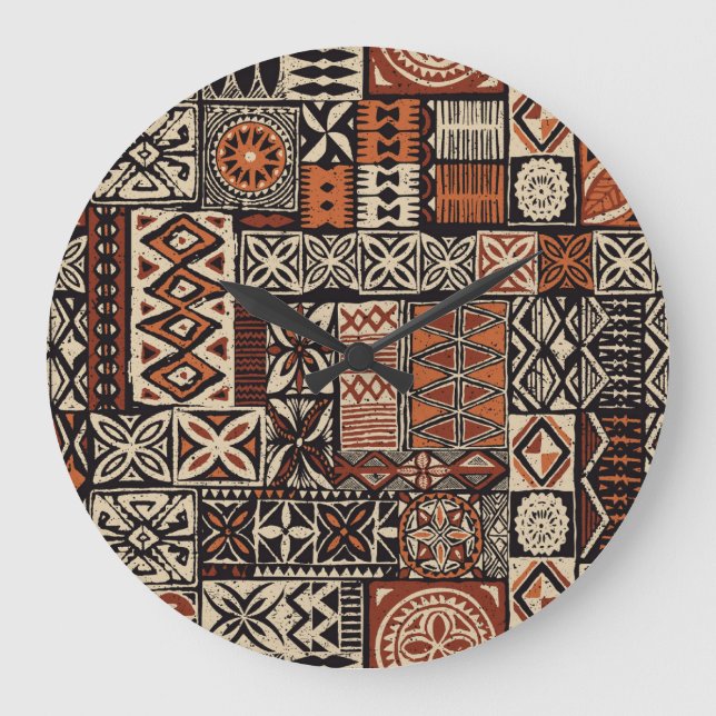 Hawaiian Tapa: Tribal Patchwork Large Clock (Front)