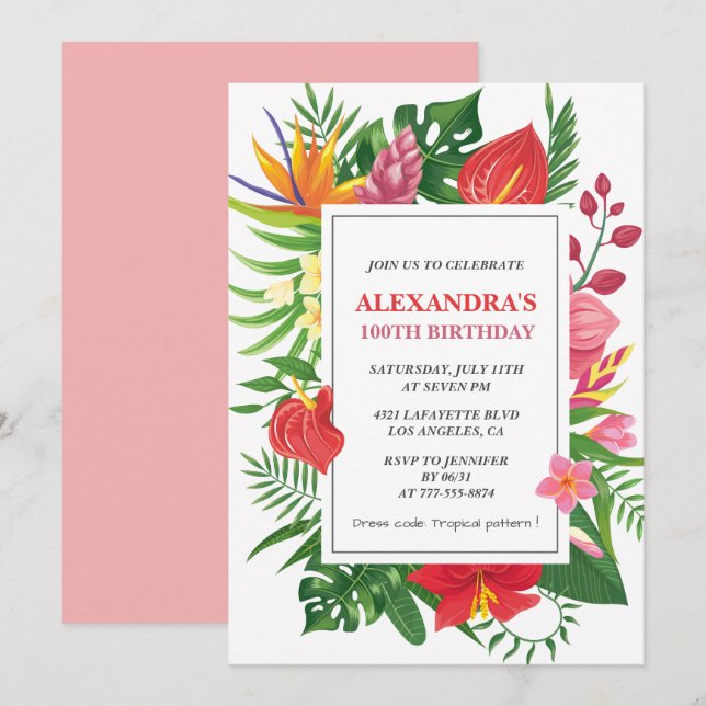 Hawaiian themed 100th birthday party Hibiscus Invitation (Front/Back)