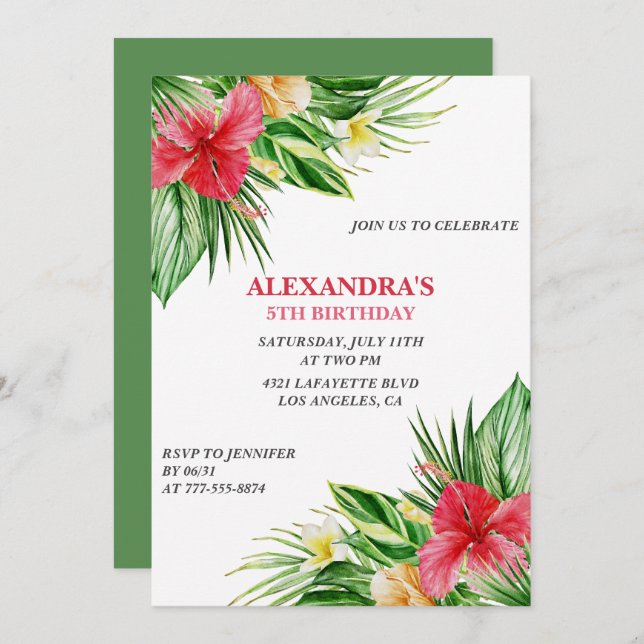 Hawaiian themed 5th birthday party Hibiscus Invitation (Front/Back)