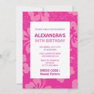 Hawaiian themed 94th birthday party pink invitation