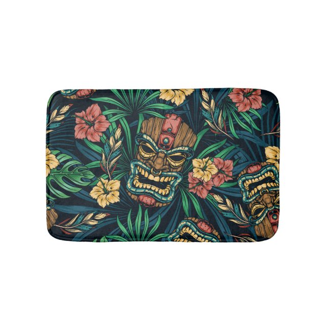 Hawaiian Tiki Mask Tropical Pattern Bath Mat (Front)