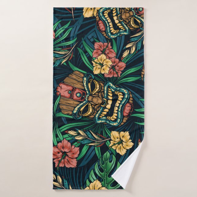 Hawaiian Tiki Mask Tropical Pattern Bath Towel (Bath Towel)