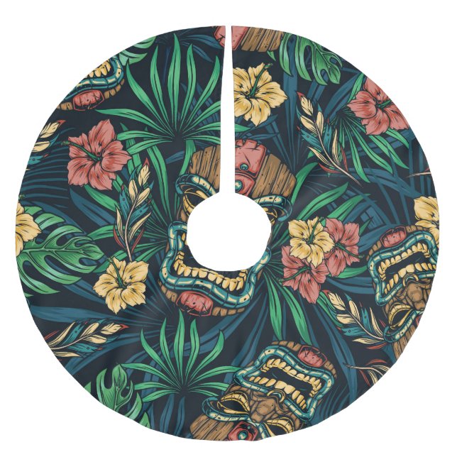 Hawaiian Tiki Mask Tropical Pattern Brushed Polyester Tree Skirt (Front)