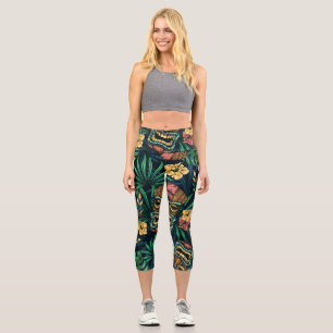 Hawaiian Tiki Mask Tropical Pattern Capri Leggings