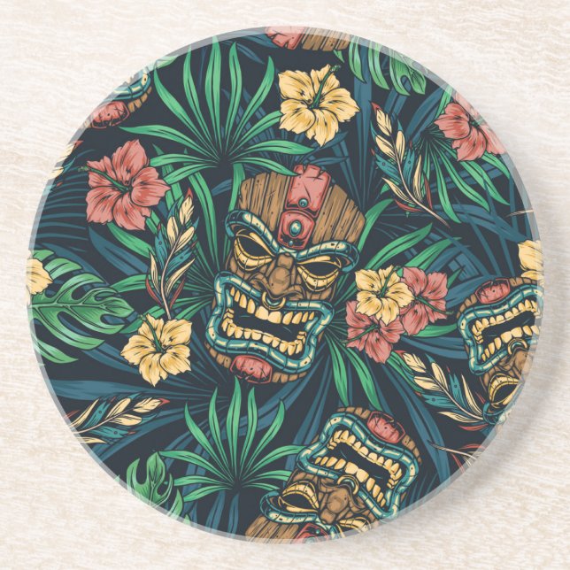 Hawaiian Tiki Mask Tropical Pattern Coaster (Front)