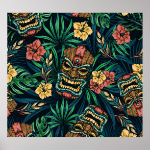 Hawaiian Tiki Mask Tropical Pattern Poster