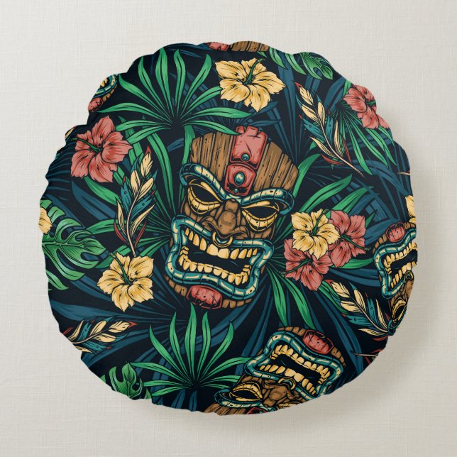 Hawaiian Tiki Mask Tropical Pattern Round Cushion (Front)