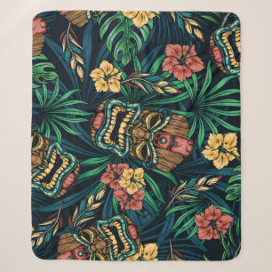 Hawaiian Tiki Mask Tropical Pattern Sherpa Blanket