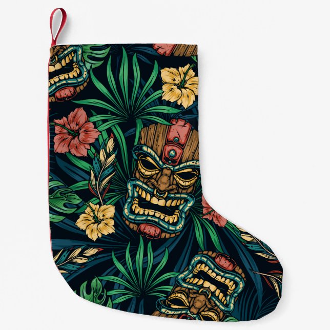 Hawaiian Tiki Mask Tropical Pattern Small Christmas Stocking (Front)