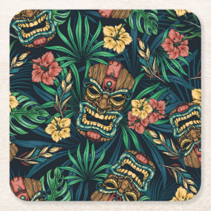 Hawaiian Tiki Mask Tropical Pattern Square Paper Coaster