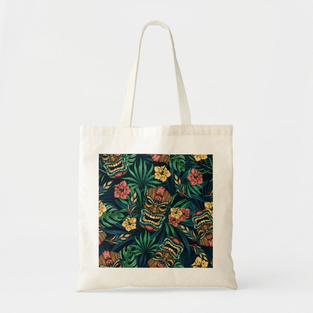 Hawaiian Tiki Mask Tropical Pattern Tote Bag (Front)