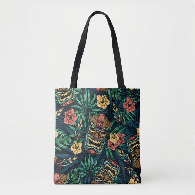Hawaiian Tiki Mask Tropical Pattern Tote Bag (Front)