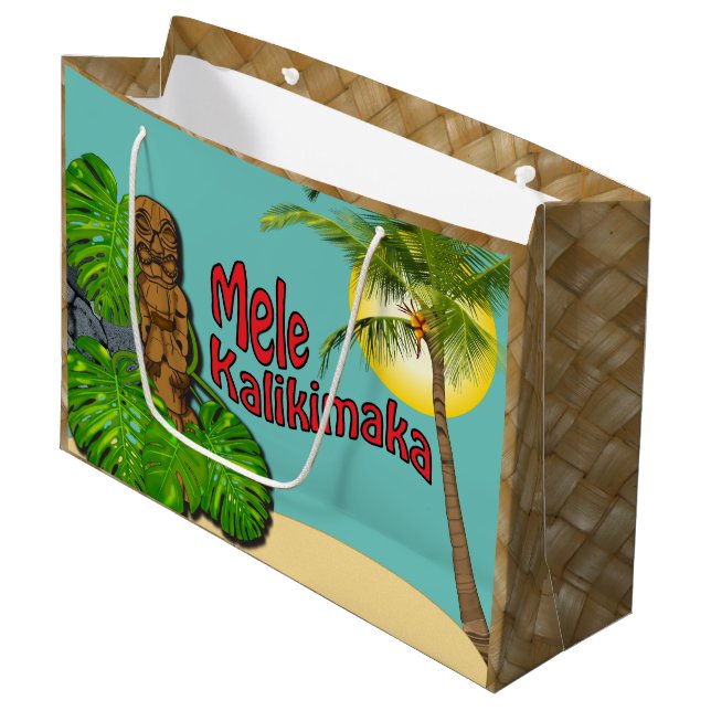 Hawaiian Tiki Mele Kalikimaka Christmas Day Large Large Gift Bag (Front Angled)
