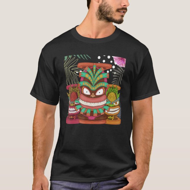 Hawaiian Totem Polynesian Tiki Mask Statue Luau Ti T-Shirt (Front)