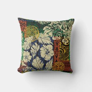 Hawaiian tribal elements and hibiscus fabric patch cushion