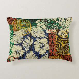 Hawaiian tribal elements and hibiscus fabric patch decorative cushion