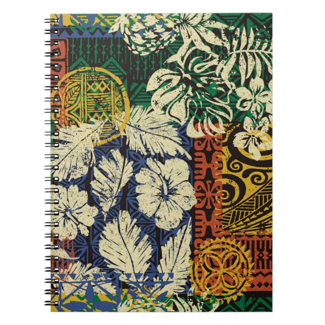 Hawaiian tribal elements and hibiscus fabric patch notebook (Front)