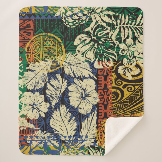 Hawaiian tribal elements and hibiscus fabric patch sherpa blanket (Front)