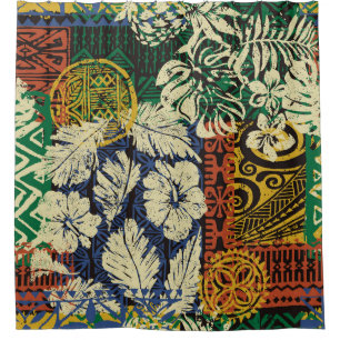 Hawaiian tribal elements and hibiscus fabric patch shower curtain