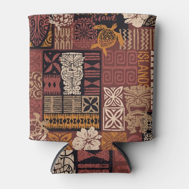 Hawaiian Tribal: Vintage Fabric Patchwork Can Cooler (Front)