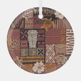 Hawaiian Tribal: Vintage Fabric Patchwork Glass Tree Decoration