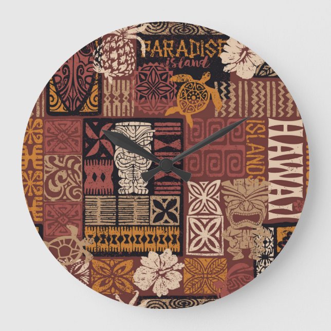 Hawaiian Tribal: Vintage Fabric Patchwork Large Clock (Front)