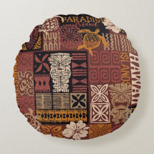 Hawaiian Tribal: Vintage Fabric Patchwork Round Cushion