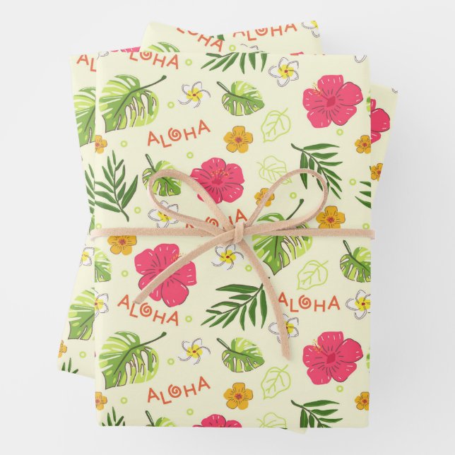 Hawaiian Tropical Floral Aloha Birthday Party Wrapping Paper Sheet (In situ)