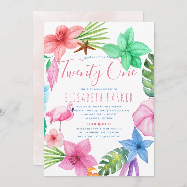 Hawaiian tropical floral twenty one birthday party invitation (Front/Back)