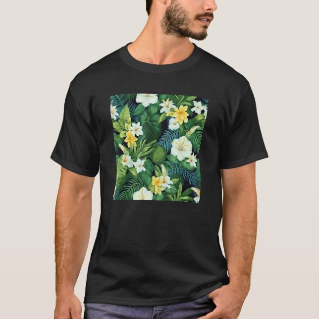 Hawaiian Tropical Flower Leaf Pattern Beach Vacati T-Shirt (Front)