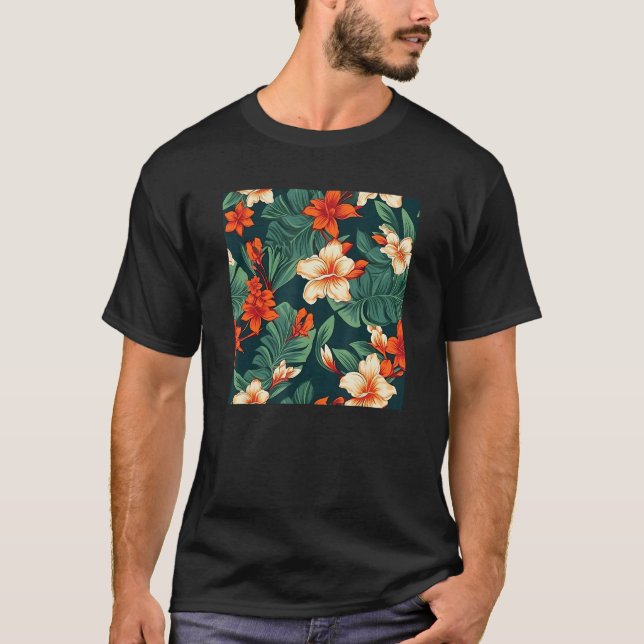 Hawaiian Tropical Flower Leaf Pattern Beach Vacati T-Shirt (Front)