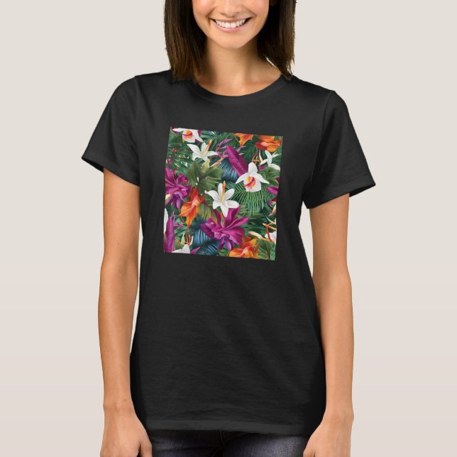 Hawaiian Tropical Flower Leaf Pattern Beach Vacati T-Shirt (Front)