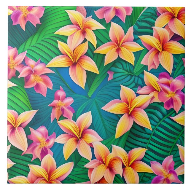 Hawaiian Tropical Flower Pattern  Ceramic Tile (Front)