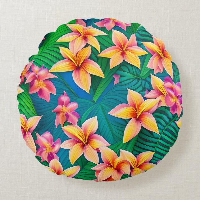 Hawaiian Tropical Flower Pattern Round Cushion (Front)