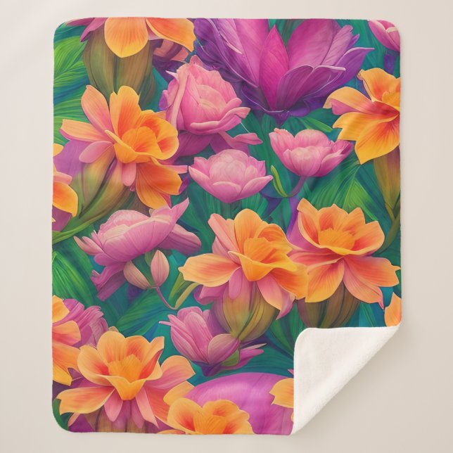 Hawaiian Tropical Flower Pattern  Sherpa Blanket (Front)